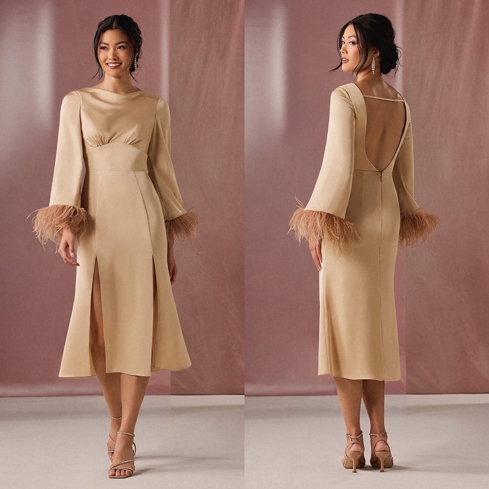 NWT Azazie Aubrey Gold Champagne Midi Dress With Feathers